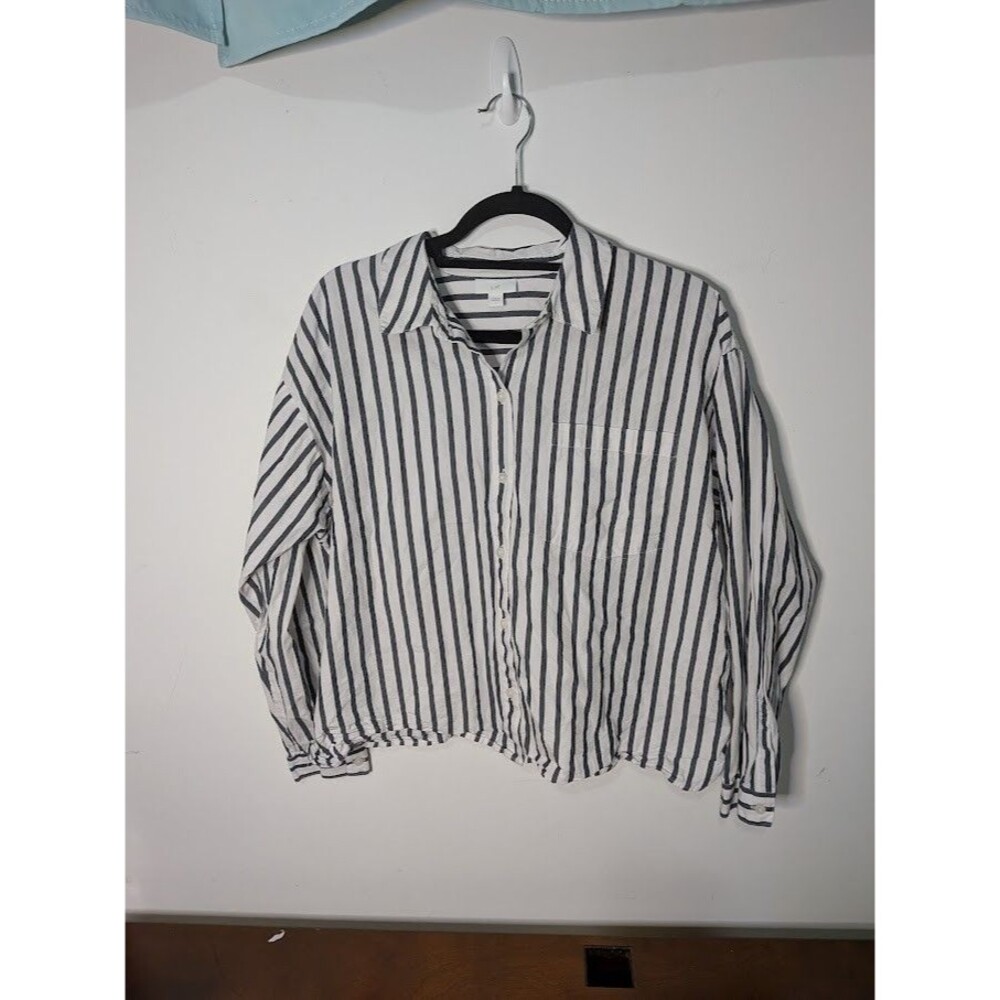J. JILL 100% Cotton Black White Stripe Button Down Shirt Blouse Large Nautical